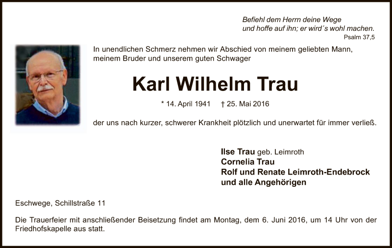  Traueranzeige für Karl Wilhelm Trau vom 01.06.2016 aus Eschwege