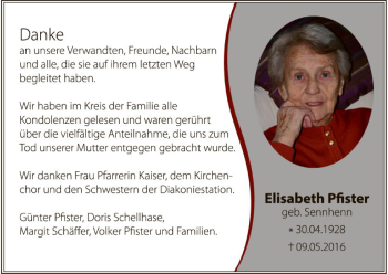 Traueranzeige von Elisabeth Pfister von Eschwege