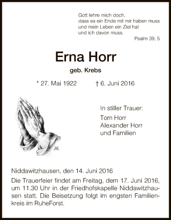 Traueranzeige von Erna Horr von Eschwege