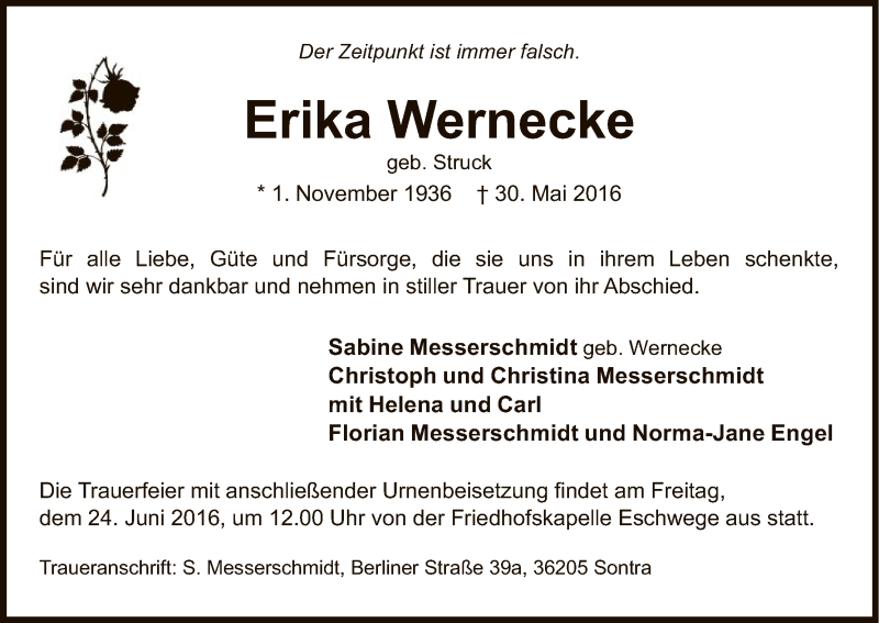  Traueranzeige für Erika Wernecke vom 11.06.2016 aus Eschwege