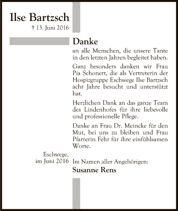 Traueranzeige von Ilse Bartzsch von Eschwege