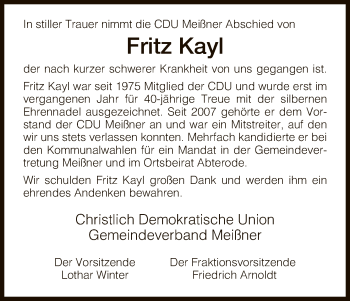 Traueranzeige von Fritz Kayl von Eschwege