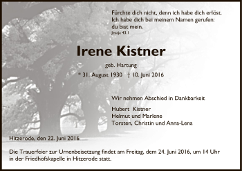 Traueranzeige von Irene Kistner von Eschwege