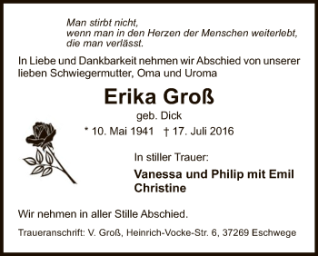 Traueranzeige von Erika Groß von Eschwege