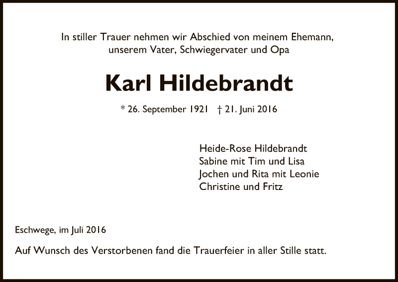  Traueranzeige für Karl Hildebrandt vom 02.07.2016 aus Eschwege