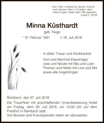 Traueranzeige von Minna Küsthardt von Eschwege