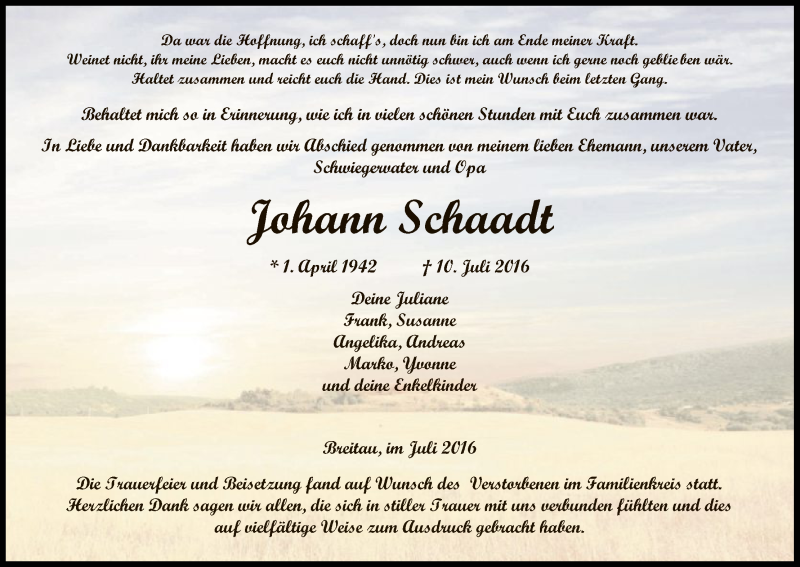  Traueranzeige für Johann Schaadt vom 23.07.2016 aus Eschwege