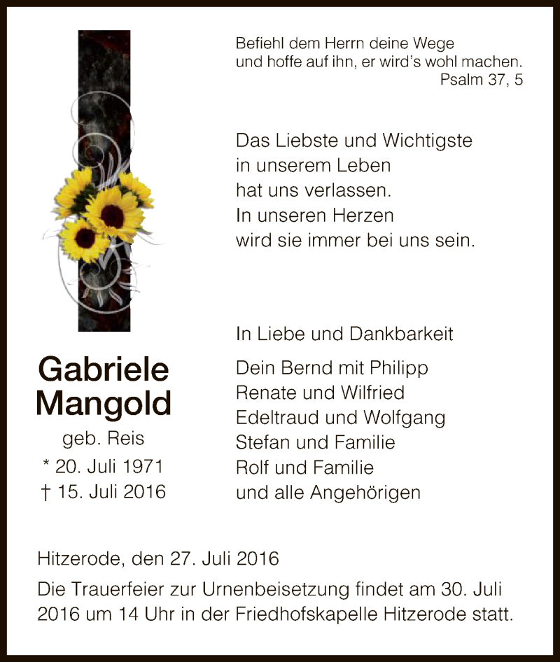  Traueranzeige für Gabriele Mangold vom 27.07.2016 aus Eschwege