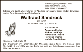 Traueranzeige von Waltraud Sandrock von Eschwege