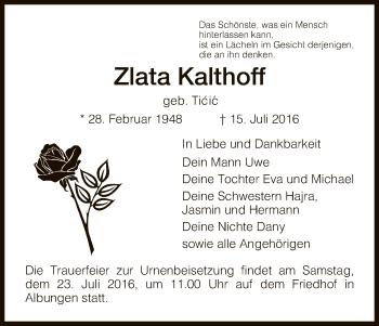 Traueranzeige von Zlata Kalthoff von Eschwege