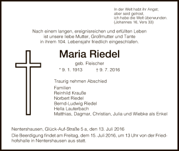 Traueranzeige von Maria Riedel von Eschwege