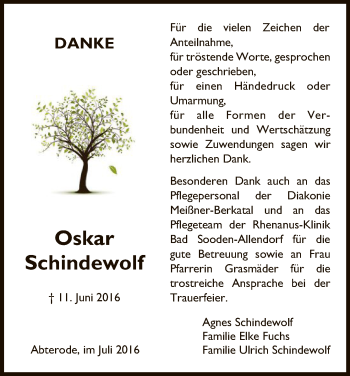 Traueranzeige von Oskar Schindewolf von Eschwege