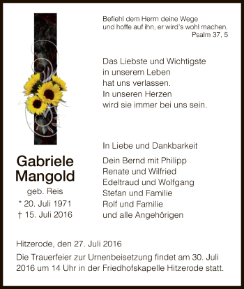 Traueranzeige von Gabriele Mangold von Eschwege