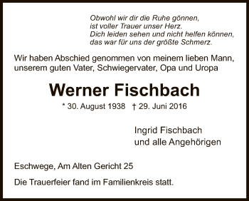 Traueranzeige von Werner Fischbach von Eschwege