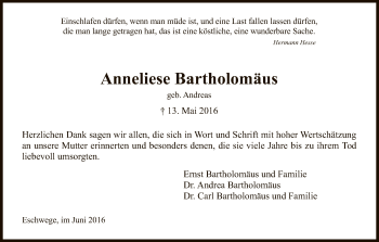 Traueranzeige von Anneliese Bartholomäus von Eschwege