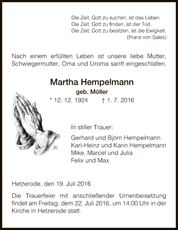 Traueranzeige von Martha Hempelmann von Eschwege