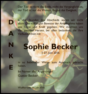 Traueranzeige von Sophie Becker von Eschwege