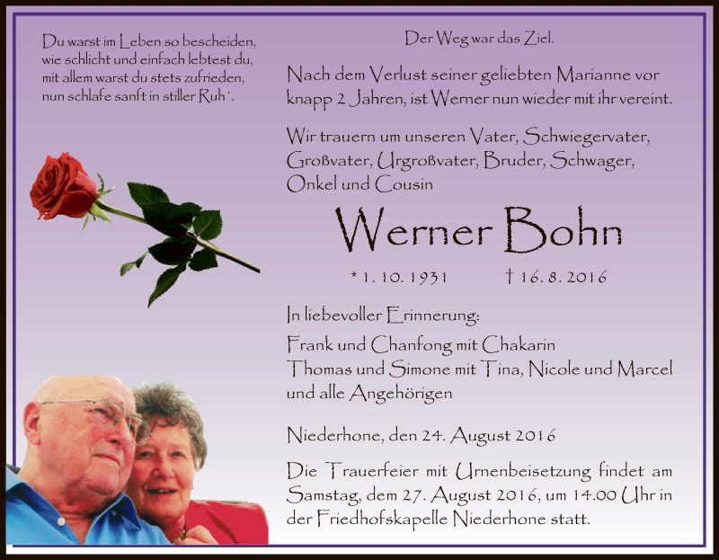  Traueranzeige für Werner Bohn vom 24.08.2016 aus Eschwege
