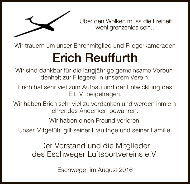  Traueranzeige für Erich Reuffurth vom 19.08.2016 aus Eschwege