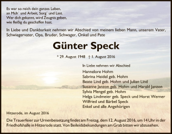 Traueranzeige von Günter Speck von Eschwege