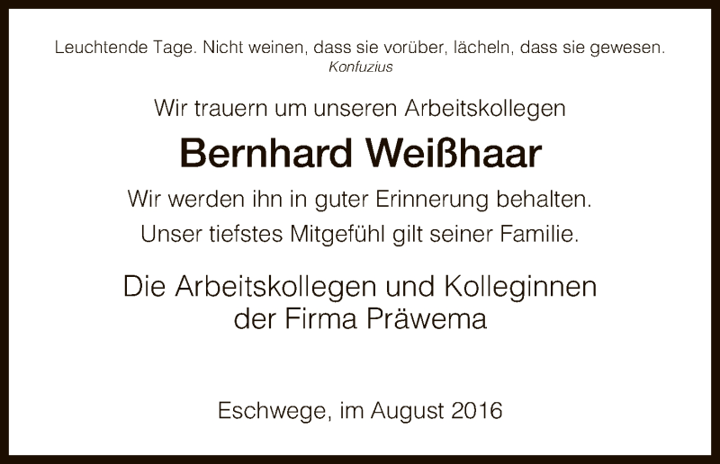  Traueranzeige für Bernhard Weißhaar vom 06.08.2016 aus Eschwege