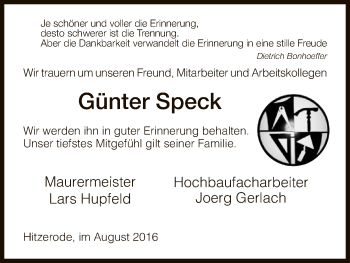 Traueranzeige von Günter Speck von Eschwege