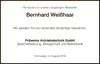 Traueranzeige von Bernhard Weißhaar von Eschwege