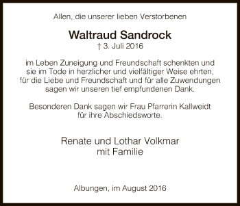 Traueranzeige von Waltraud Sandrock von Eschwege