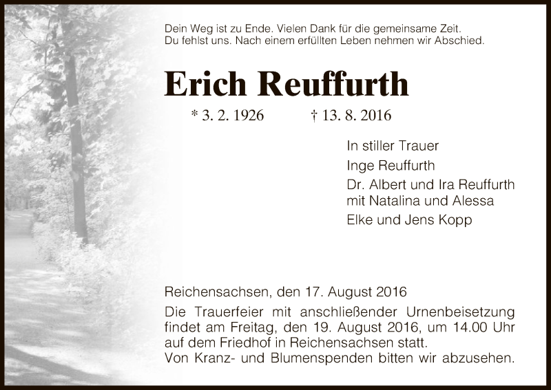  Traueranzeige für Erich Reuffurth vom 17.08.2016 aus Eschwege