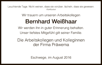 Traueranzeige von Bernhard Weißhaar von Eschwege