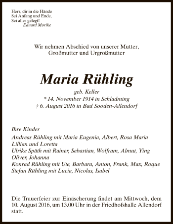 Traueranzeige von Maria Rühling von Eschwege