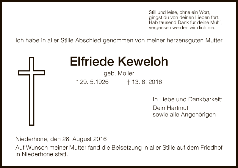  Traueranzeige für Elfriede Keweloh vom 26.08.2016 aus Eschwege