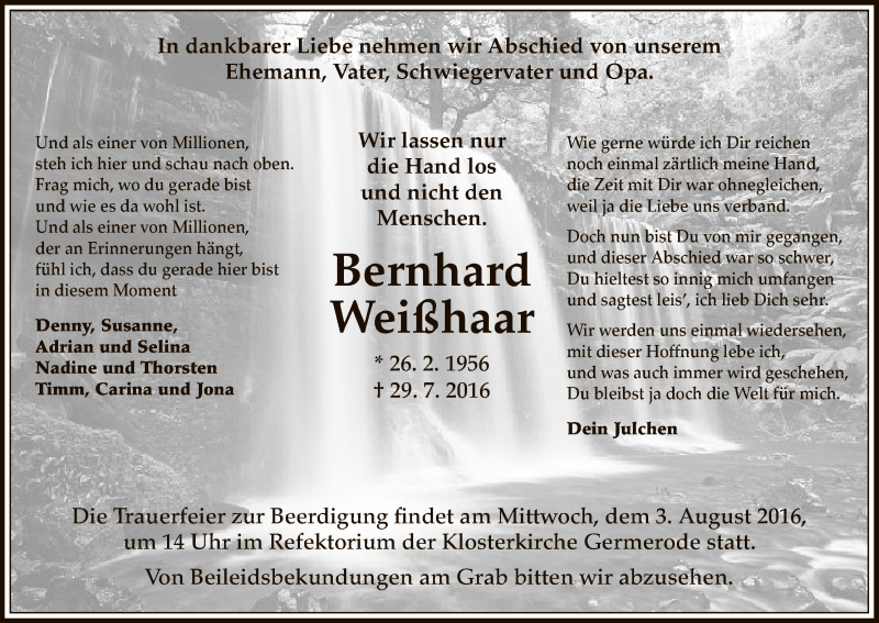  Traueranzeige für Bernhard Weißhaar vom 01.08.2016 aus Eschwege