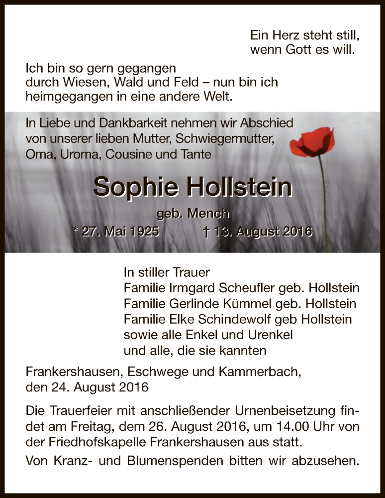  Traueranzeige für Sophie Hollstein vom 24.08.2016 aus Eschwege