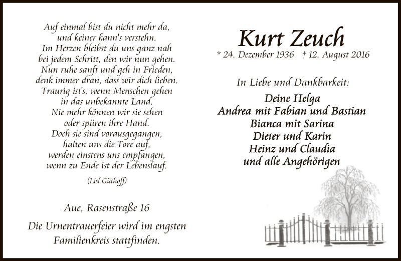  Traueranzeige für Kurt Zeuch vom 17.08.2016 aus Eschwege