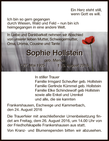 Traueranzeige von Sophie Hollstein von Eschwege