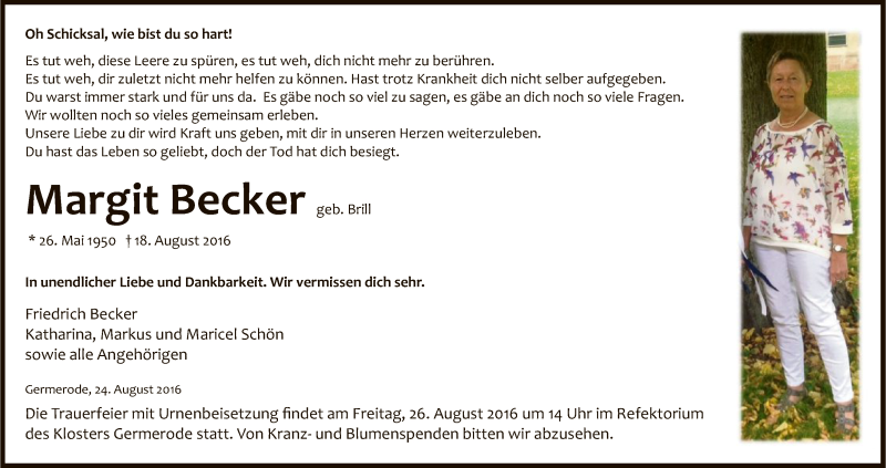 Traueranzeige für Margit Becker vom 24.08.2016 aus Eschwege