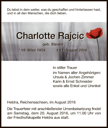 Traueranzeige von Charlotte Rajcic von Eschwege