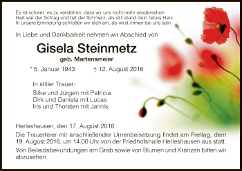 Traueranzeige von Gisela Steinmetz von Eschwege