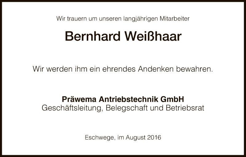  Traueranzeige für Bernhard Weißhaar vom 05.08.2016 aus Eschwege