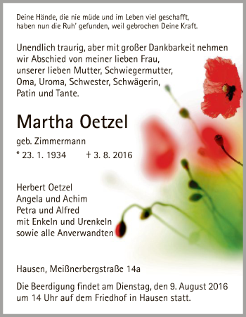 Traueranzeige von Martha Oetzel von Eschwege