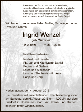 Traueranzeige von Ingrid Wenzel von Eschwege