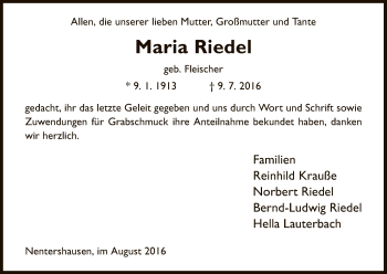 Traueranzeige von Maria Riedel von Eschwege