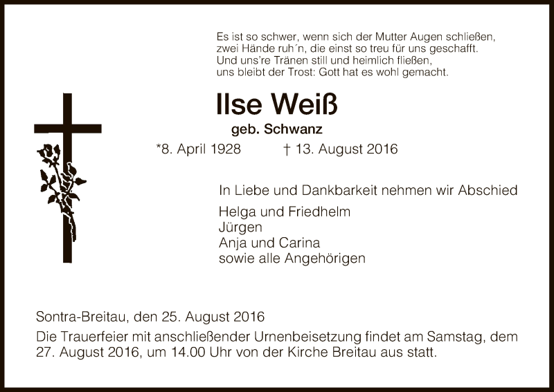  Traueranzeige für Ilse Weiß vom 25.08.2016 aus Eschwege