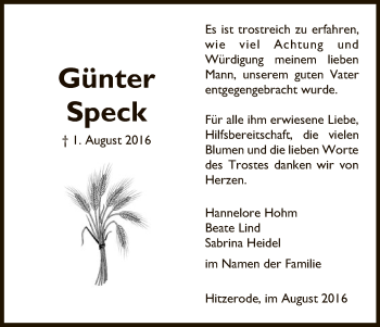 Traueranzeige von Günter Speck von Eschwege