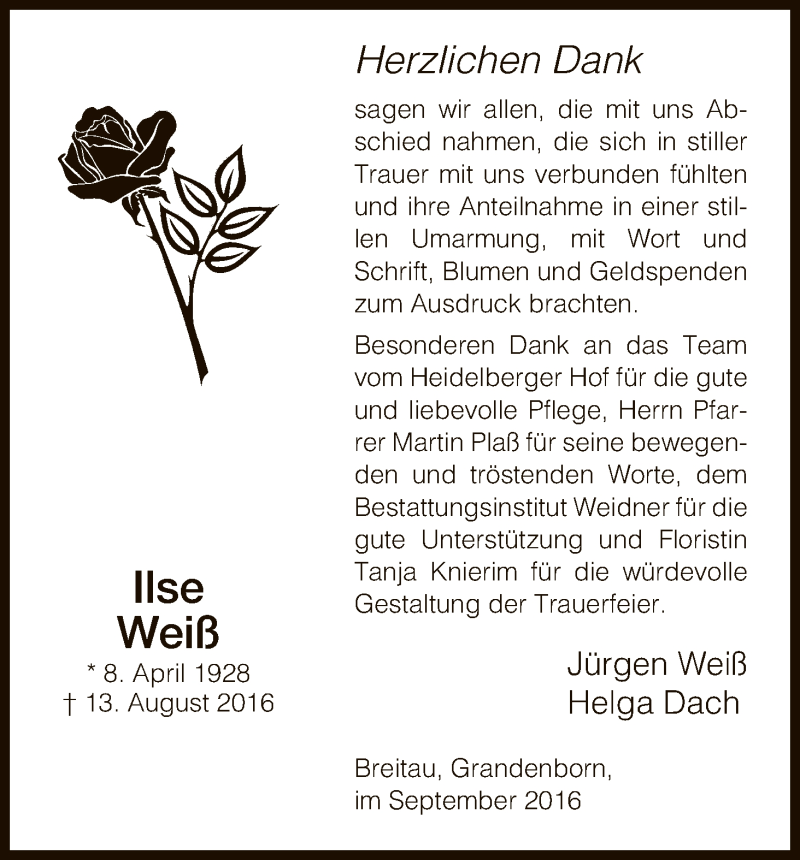  Traueranzeige für Ilse Weiß vom 17.09.2016 aus Eschwege
