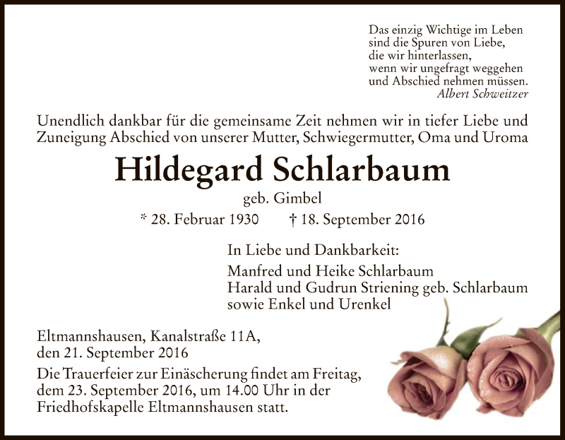  Traueranzeige für Hildegard Schlarbaum vom 21.09.2016 aus Eschwege