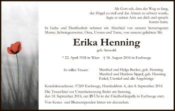 Traueranzeige von Erika Henning von Eschwege