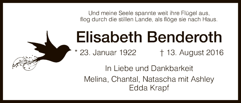  Traueranzeige für Elisabeth Benderoth vom 03.09.2016 aus Eschwege
