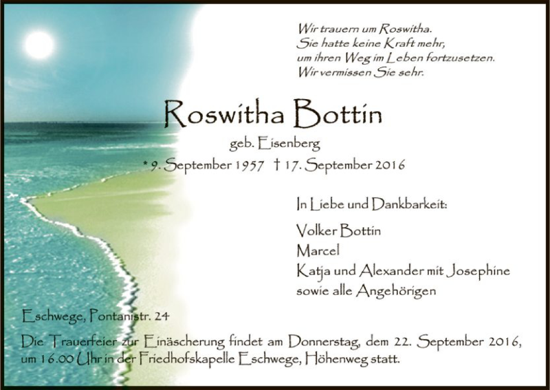  Traueranzeige für Roswitha Bottin vom 20.09.2016 aus Eschwege